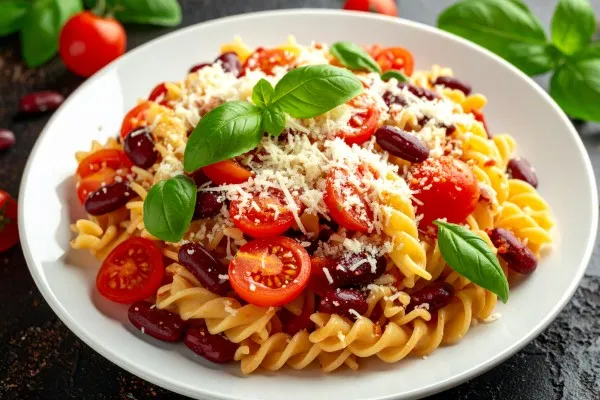Domatesli, fesleğenli ve fasulyeli makarna salatası